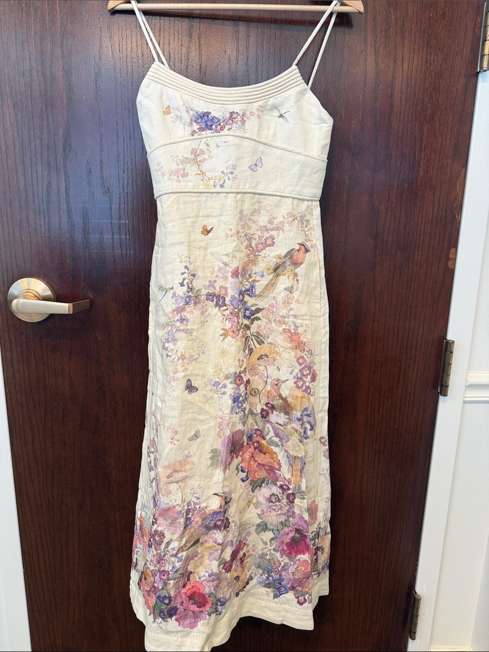 Zimmermann Cream Maxi Slip Dress with Pink, Purple & Peach Floral Bird Print